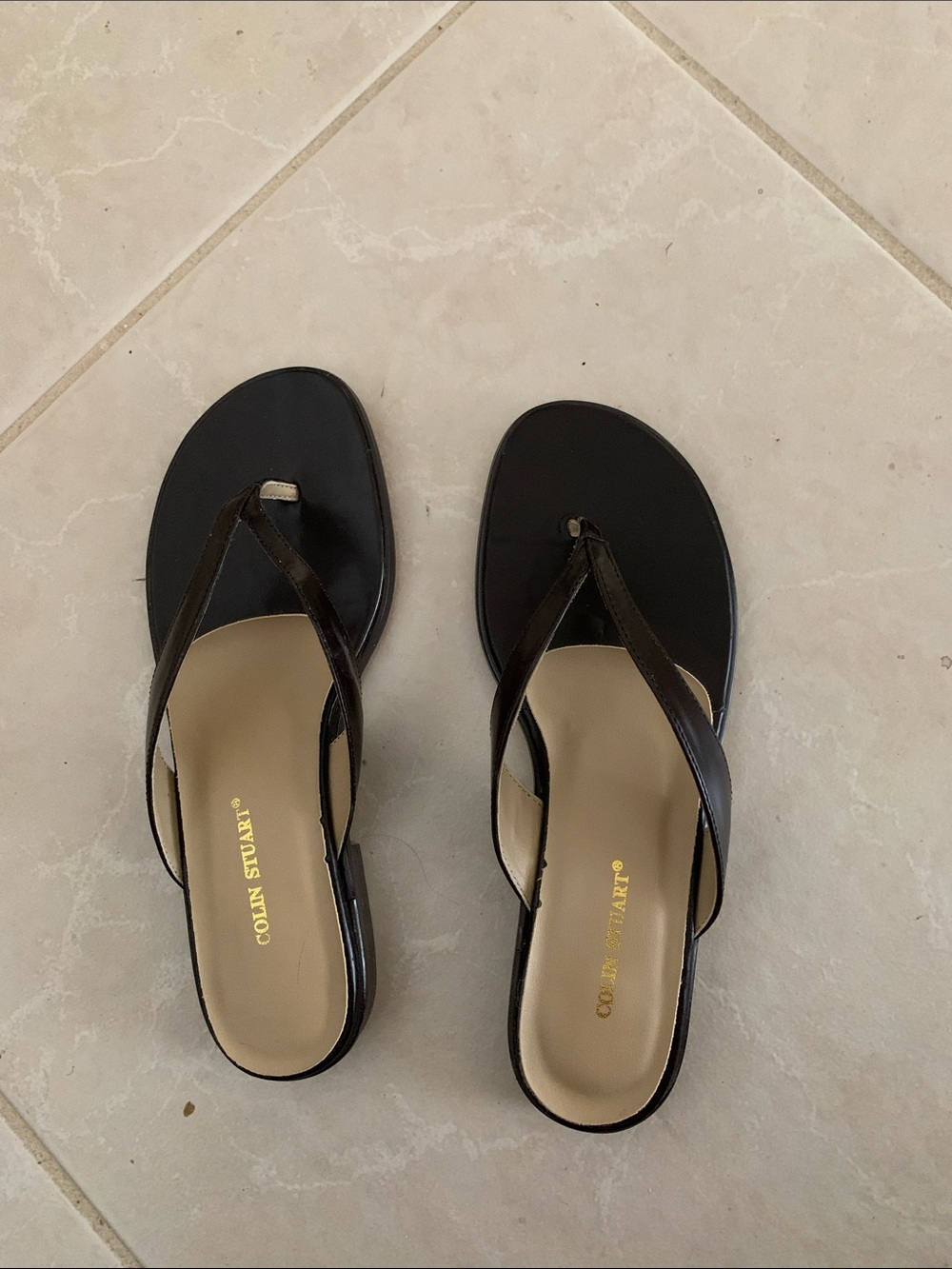 Colin Stuart Black Leather Thong Sandals with Tan Insole